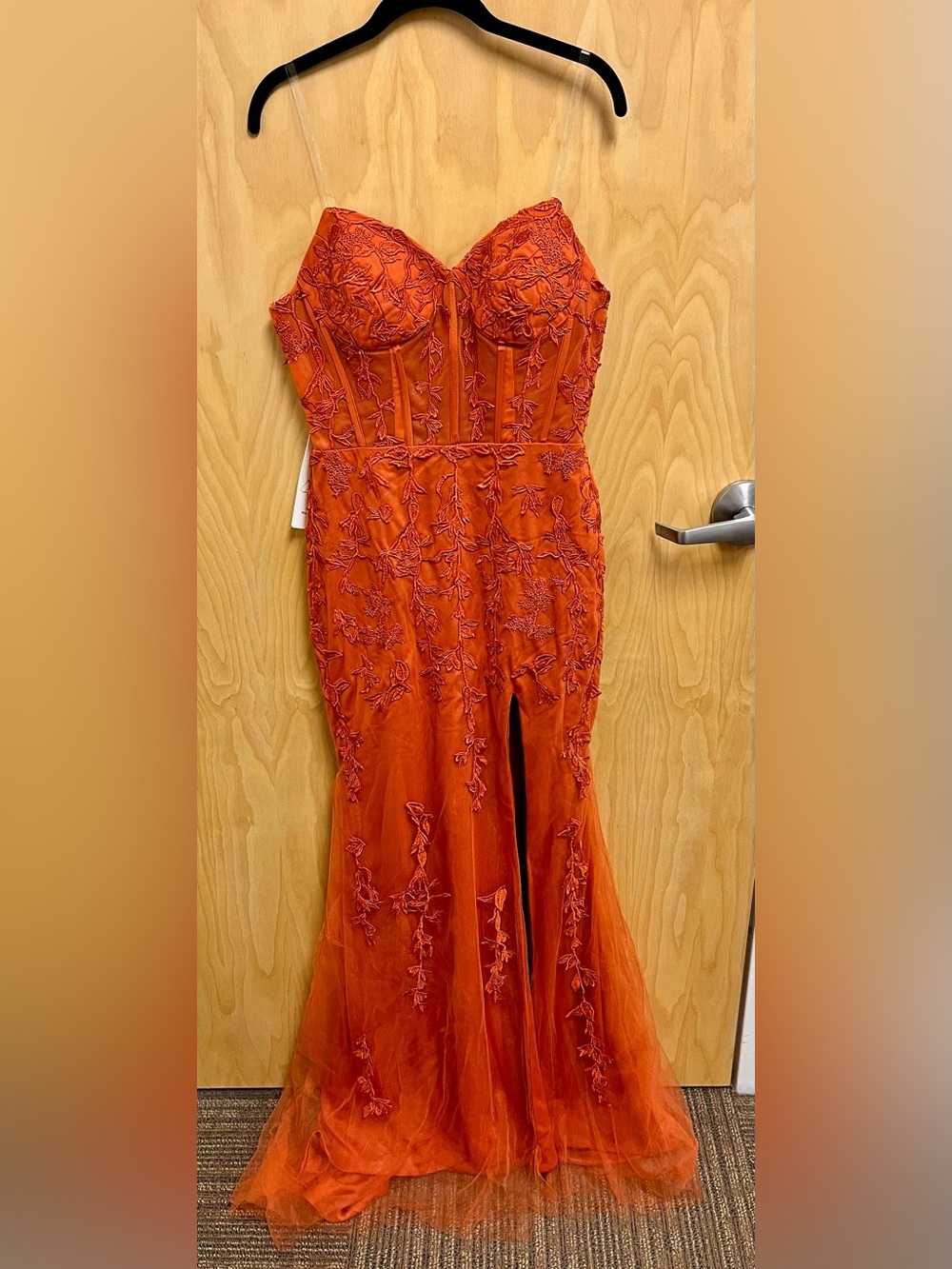 NWT Embroidered Strapless Orange Prom Gown with Slit